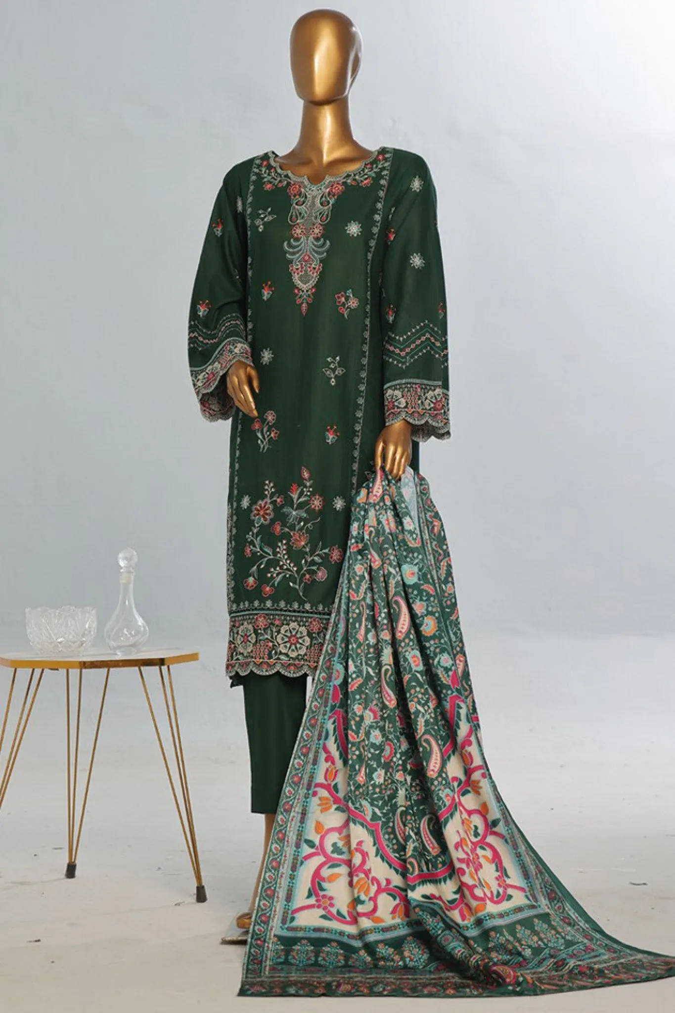 Bin Saeed Stitched 3 Piece Luxury Emb Khaddar With Shawl Collection'2024-WKK-1204-Green