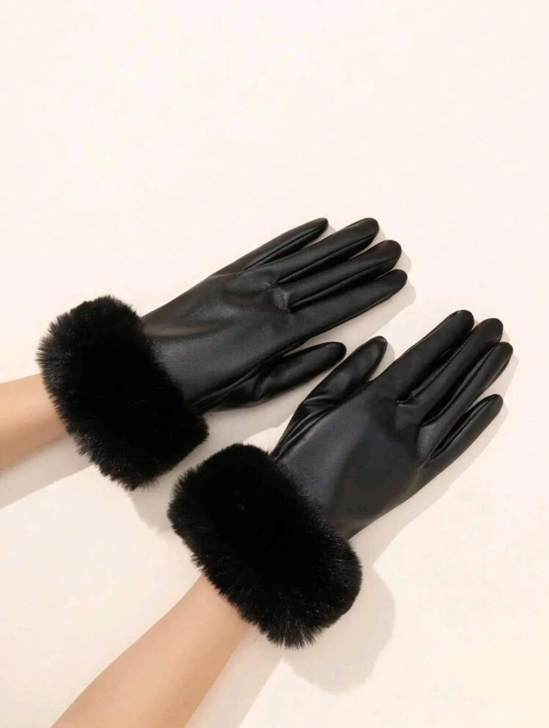 Black Fur Faux Leather Gloves