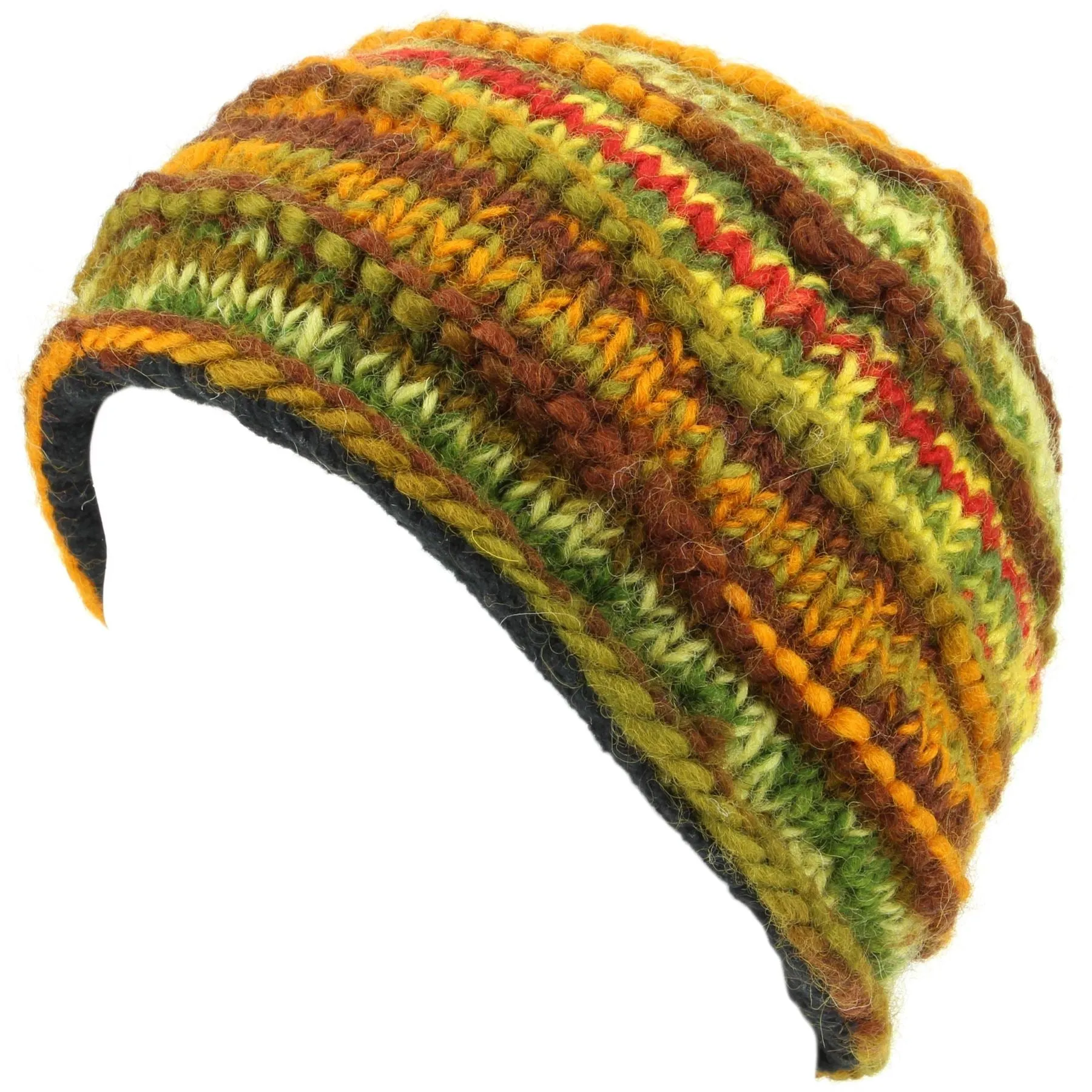 Chunky Ribbed Wool Knit Beanie Hat with Space Dye Design - Green & Brown