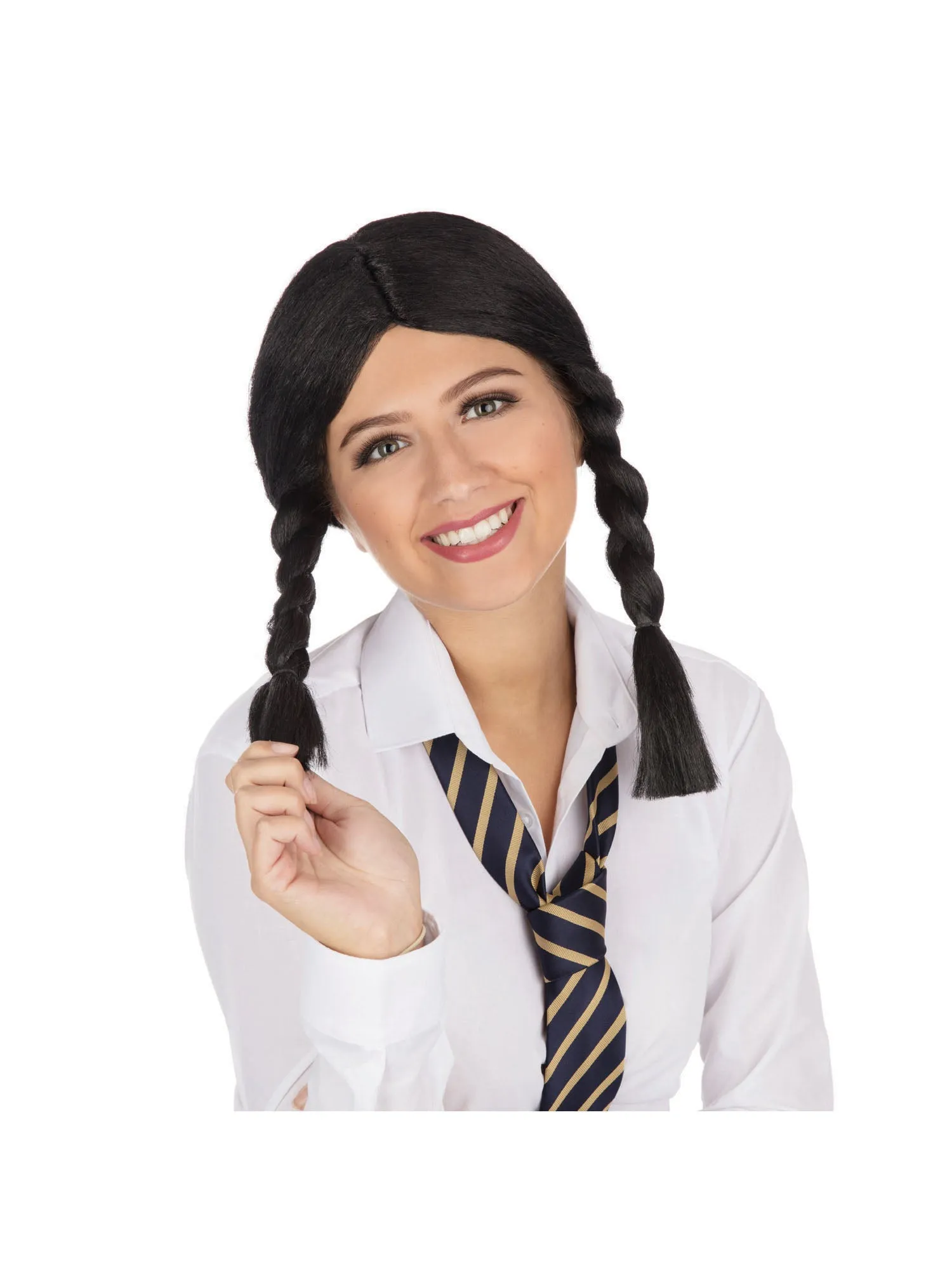 Classic Black Bowler Hat with Schoolgirl Black Wig, White Gloves, and Bow Tie Set - Complete Costume Ensemble for Timeless Style