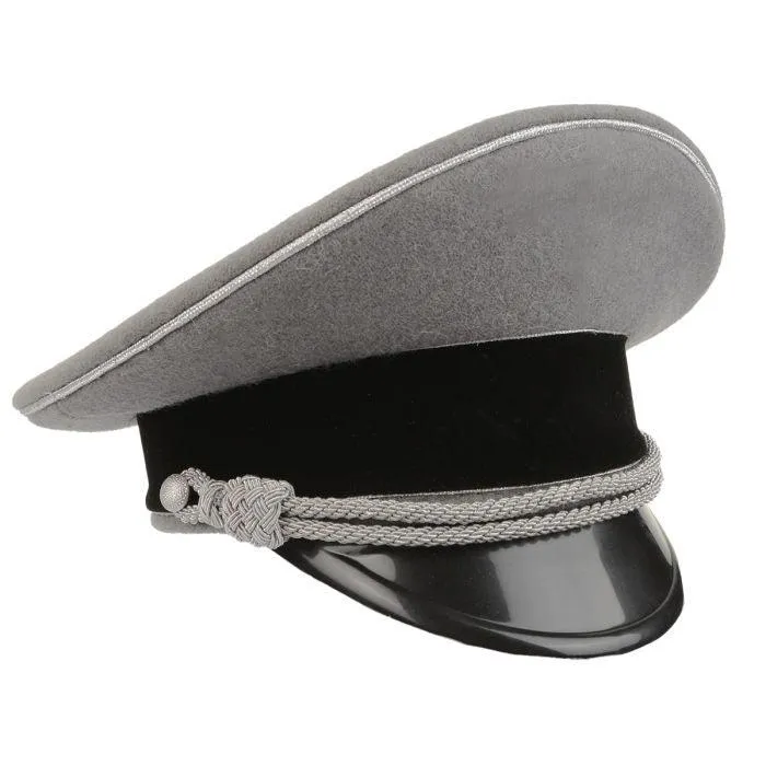 German Officer Visor Cap – Stone Grey with Silver Piping, Silver Eagle & Skull Insignia