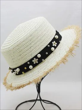 Girls Pearl Embellished Frayed Edge Straw Hat