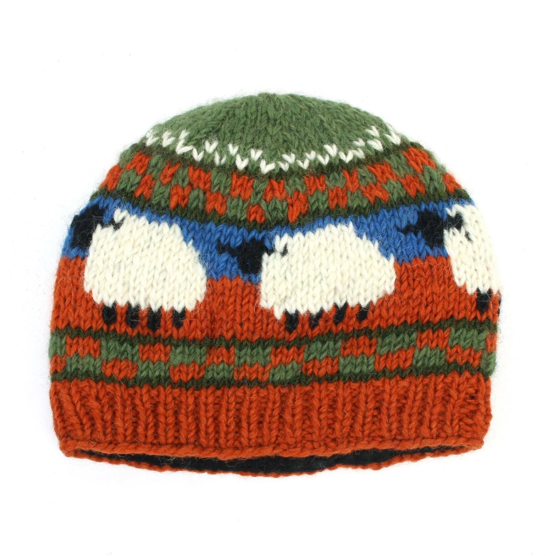 Hand Knitted Wool Beanie Hat - Sheep Orange Green