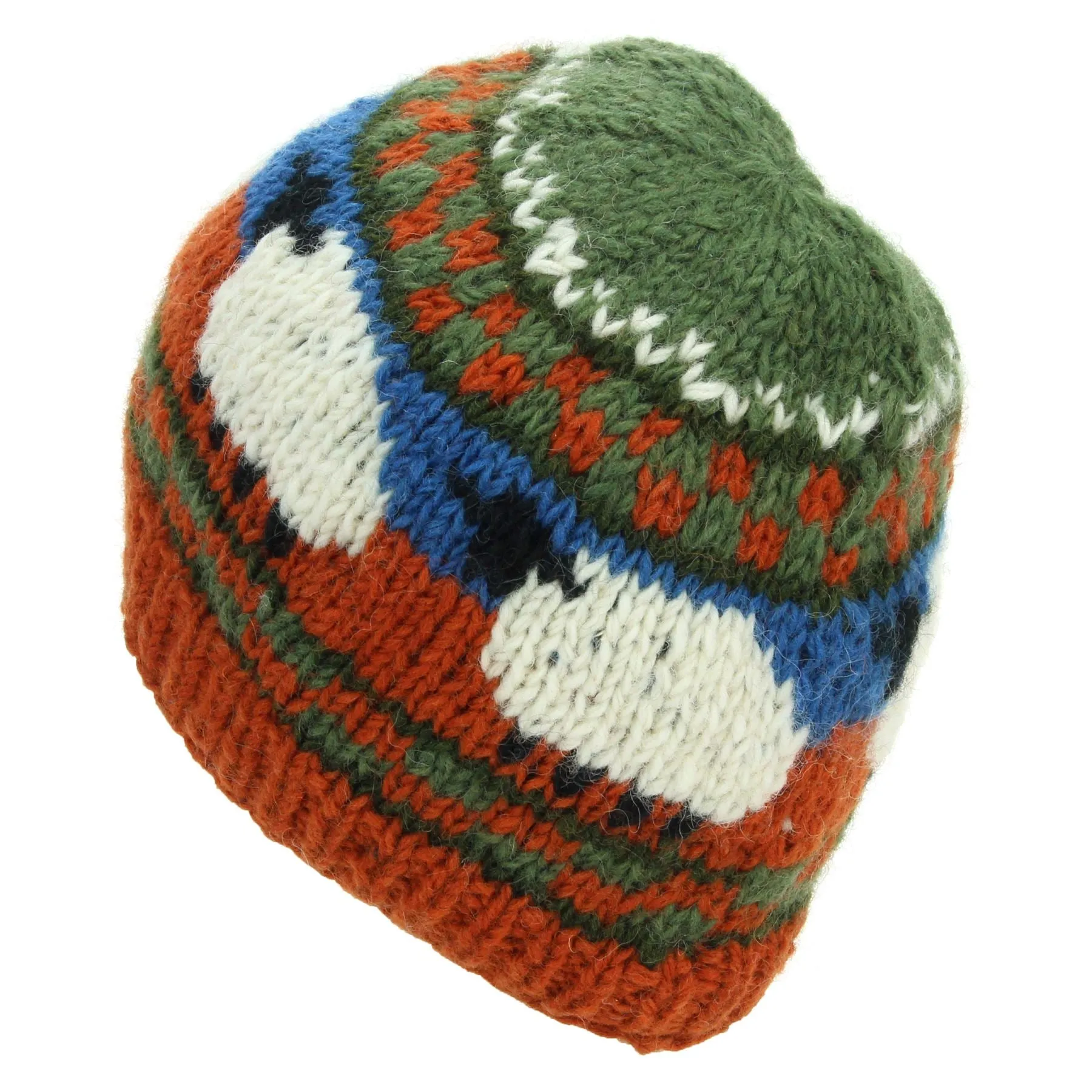 Hand Knitted Wool Beanie Hat - Sheep Orange Green