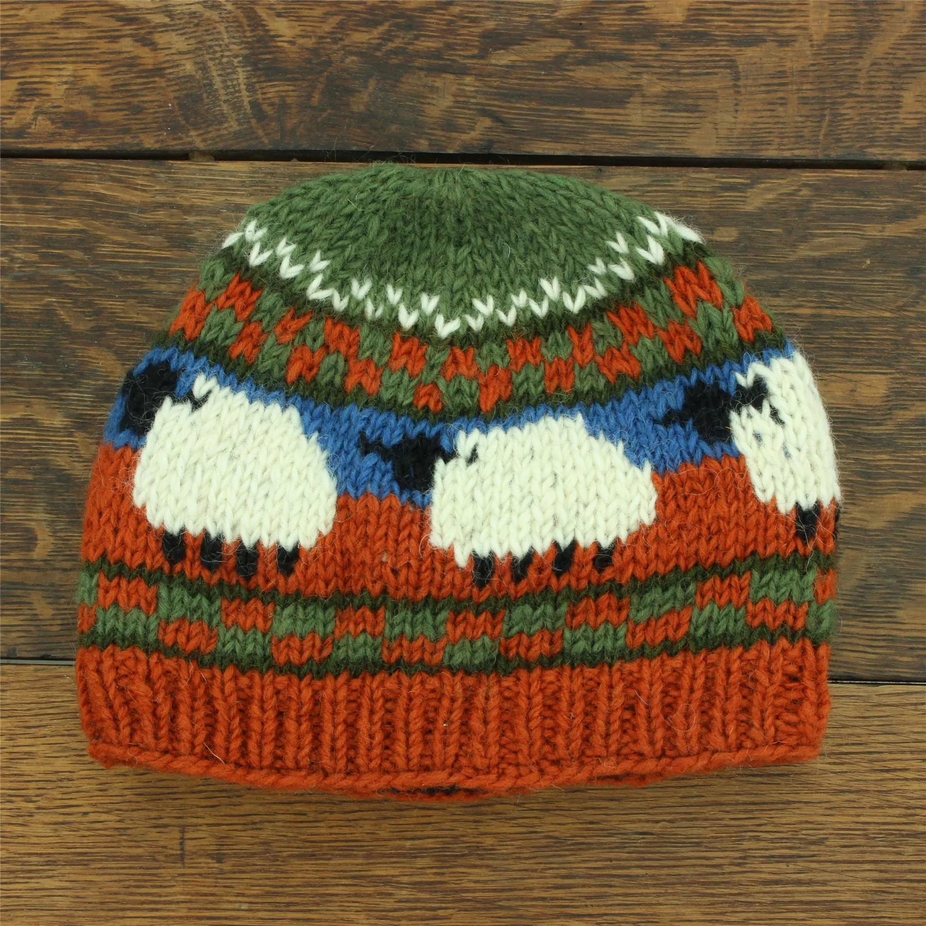 Hand Knitted Wool Beanie Hat - Sheep Orange Green