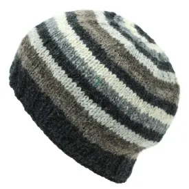 Hand Knitted Wool Beanie Hat - Stripe Natural