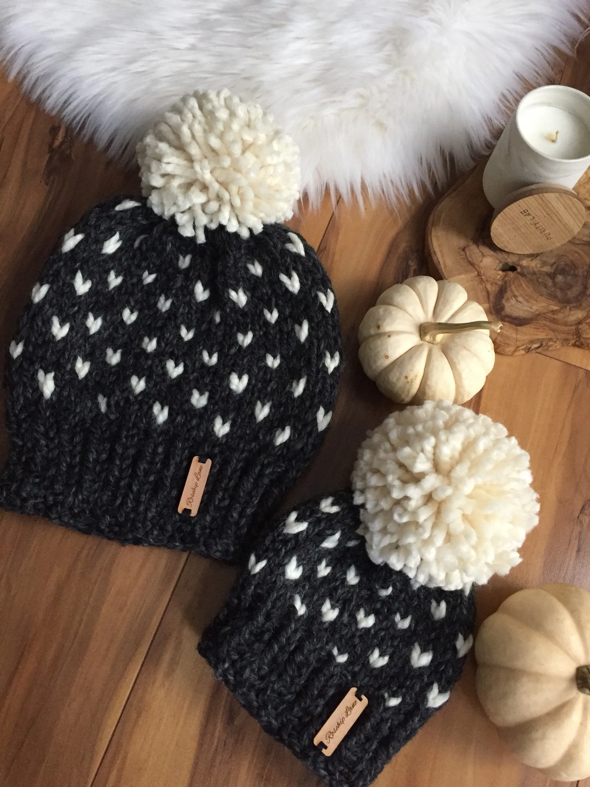 Handmade Knitted Women's Kids Mommy & Me Chunky Classic Heart Print Fair Isle Pom Pom Beanie Hat Cap Black Ivory