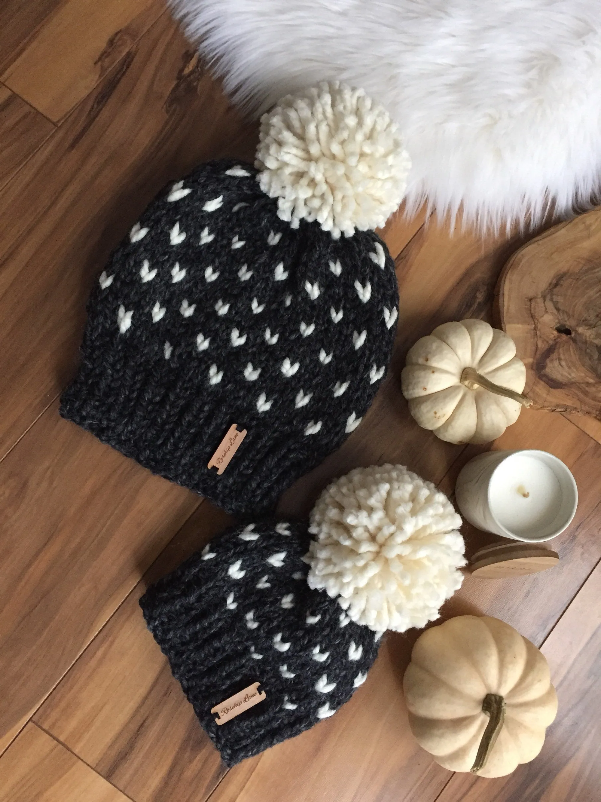 Handmade Knitted Women's Kids Mommy & Me Chunky Classic Heart Print Fair Isle Pom Pom Beanie Hat Cap Black Ivory