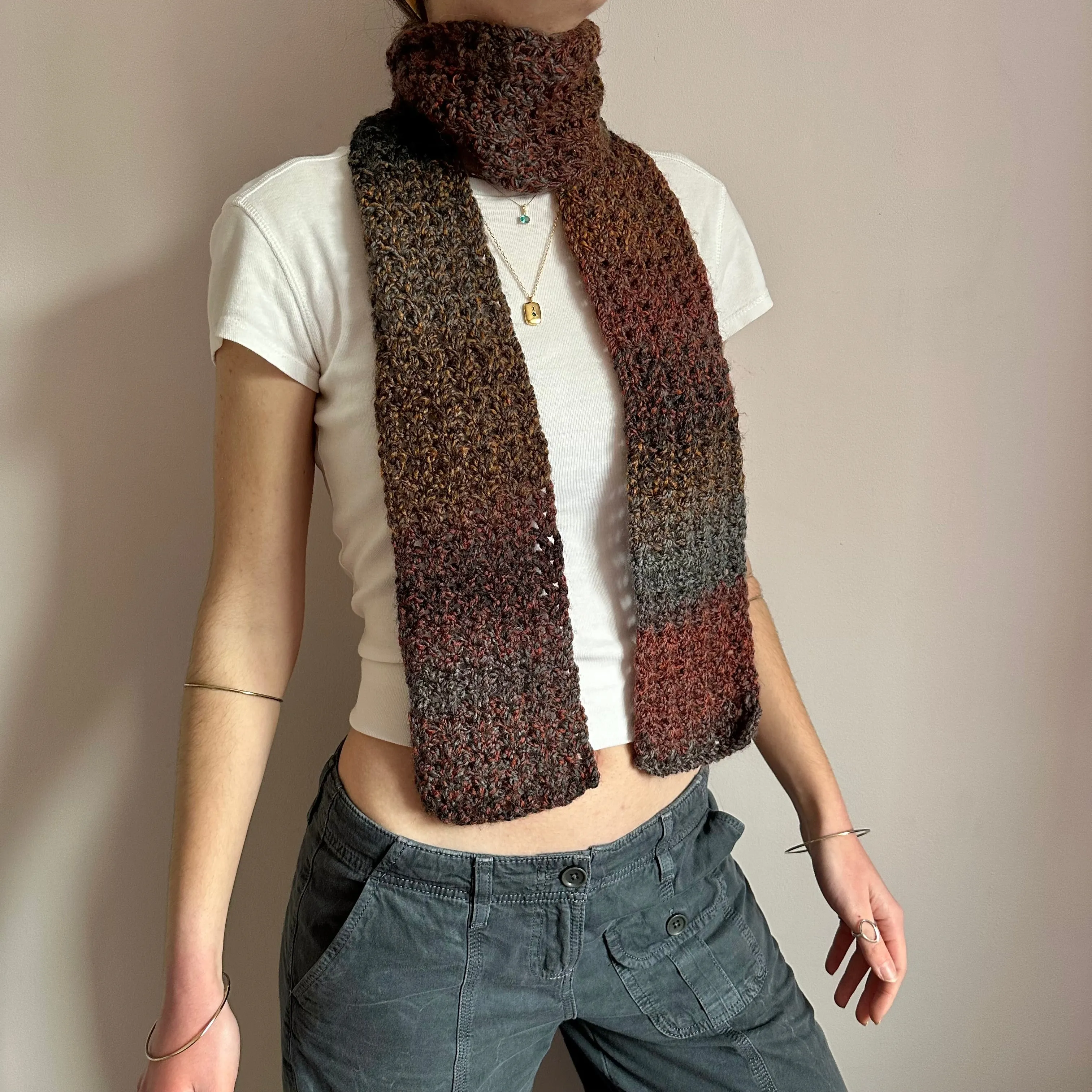 Handmade ombré brown, grey and orange crochet scarf