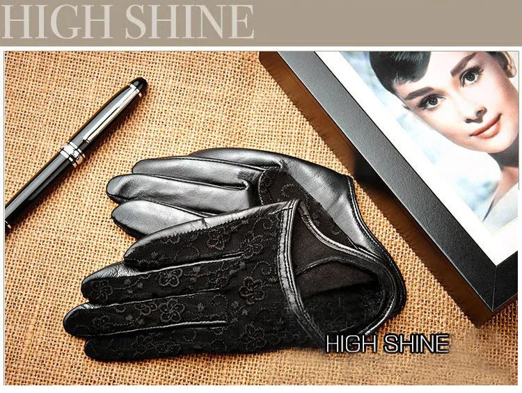 HIGHSHINE Women Genuine Leather Gloves Sexy Lace Car Driving Gloves