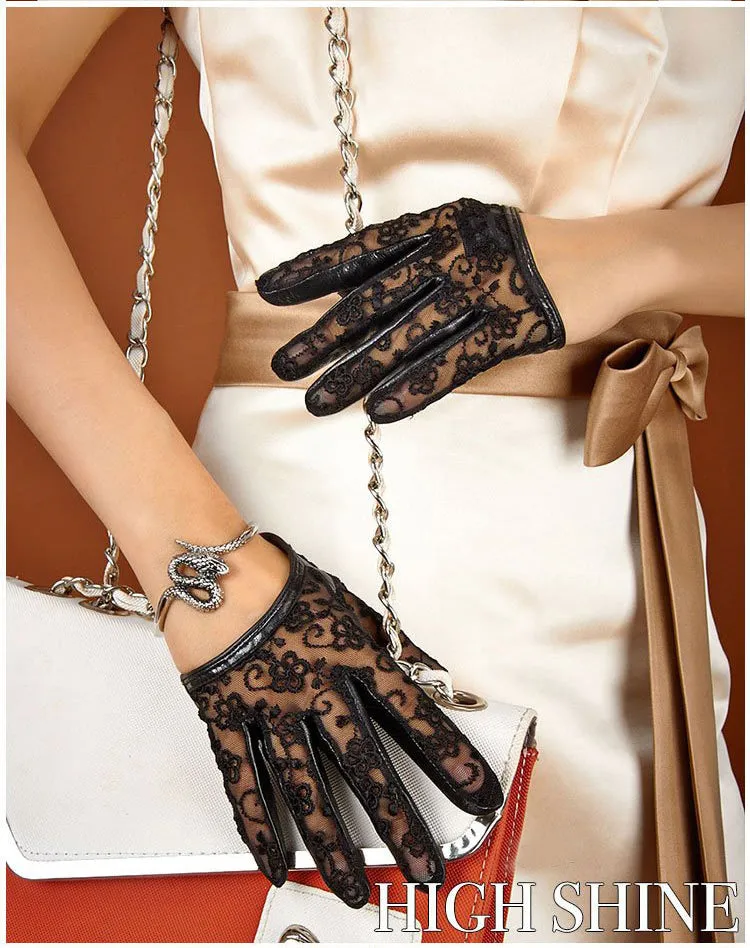 HIGHSHINE Women Genuine Leather Gloves Sexy Lace Car Driving Gloves