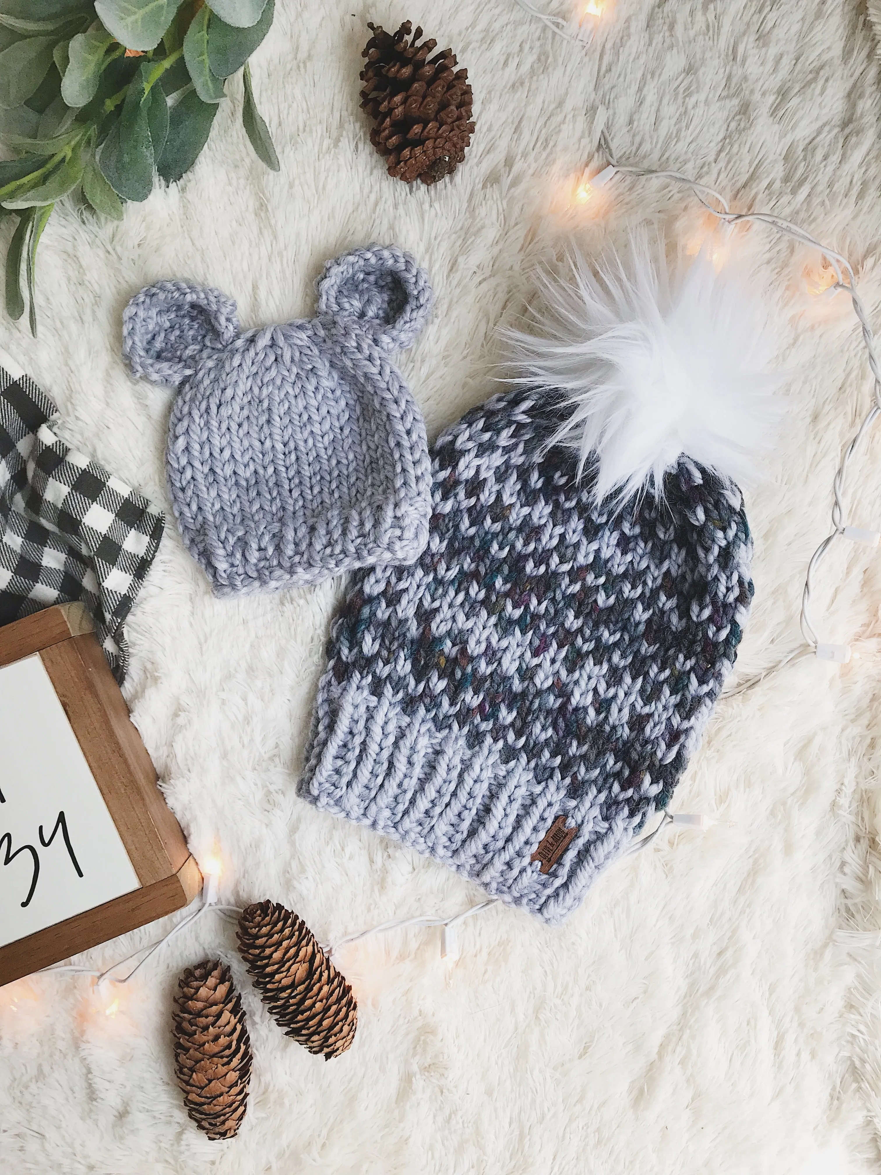 Mommy and Me SET Knitted Fair Isle Beanie with Faux Fur Pom Pom // The Hallowell and Baby Bear Hat