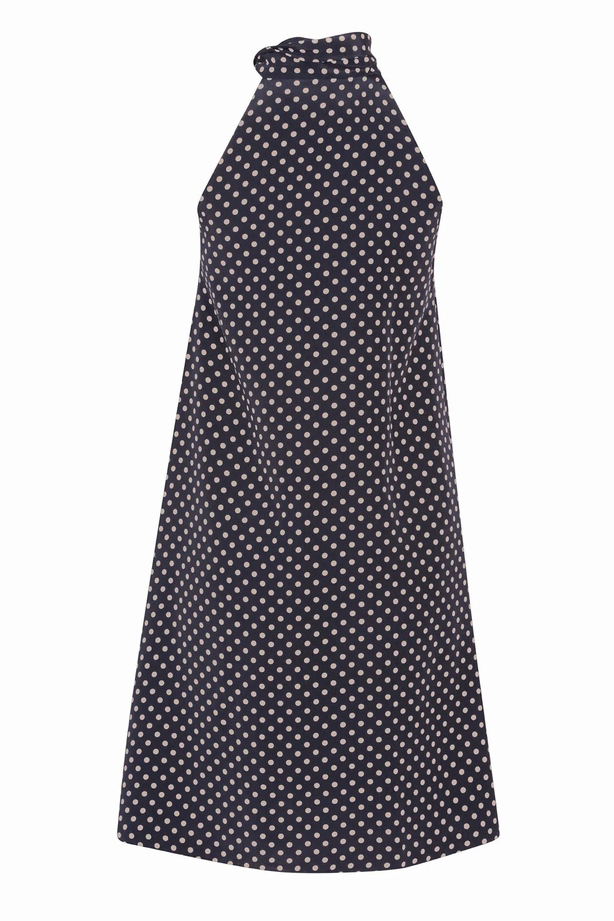 Navy Spot Silk Crepe de Chine Dress with Tie-Neck - Alice Short