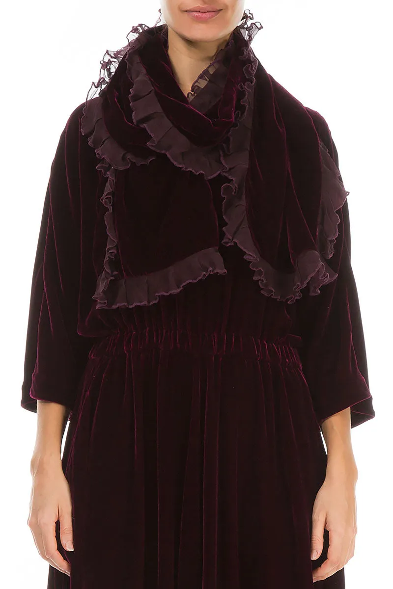 Ruffled Magenta Silk Velvet Scarf