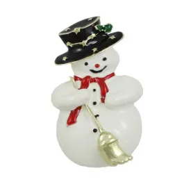 Snowman with Boater Hat and Broom Brooch Pin - XP630