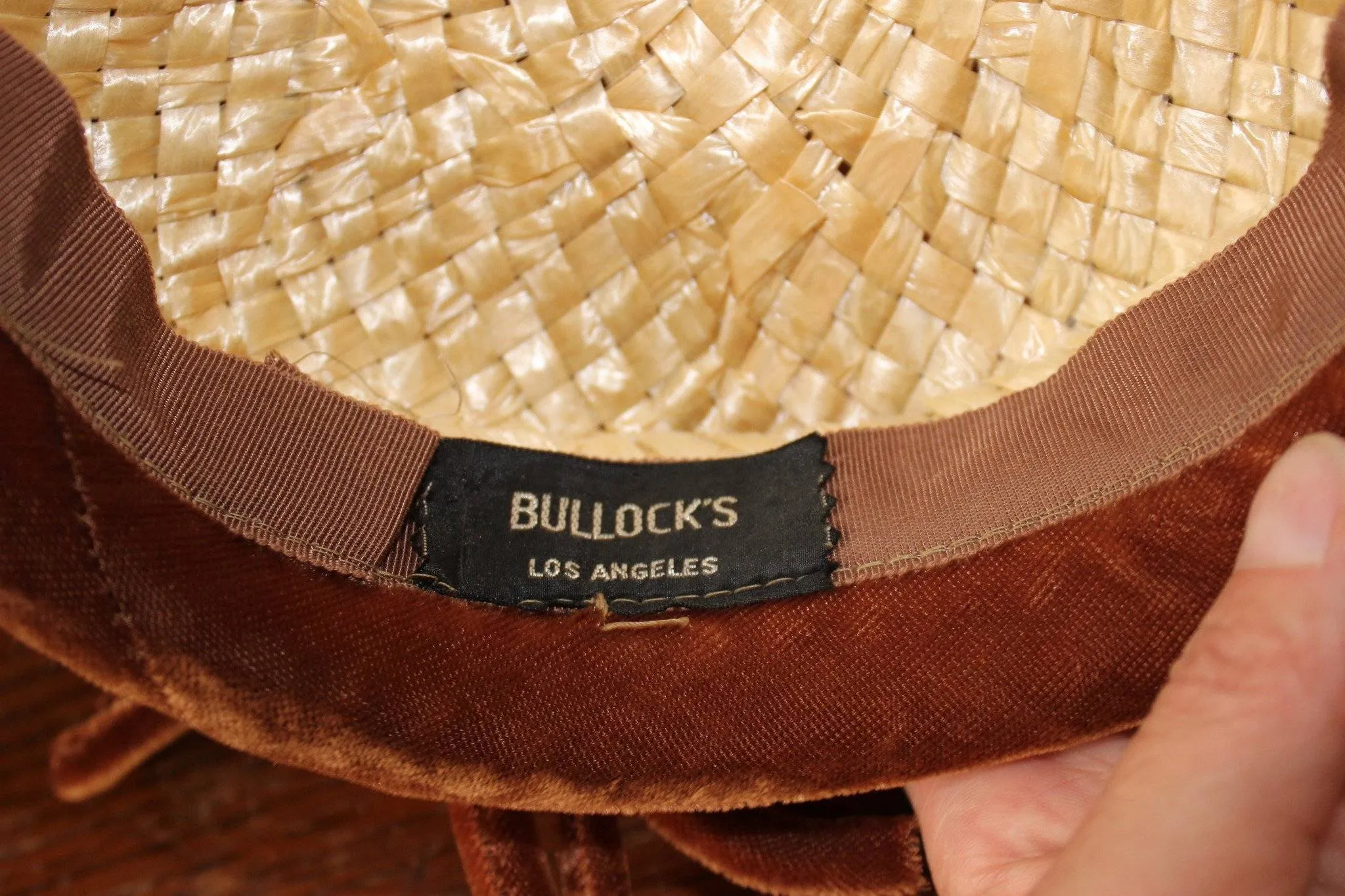 Vintage 1950s Bullock's Los Angeles Straw Hat, Brown Velvet Ribbon Trim