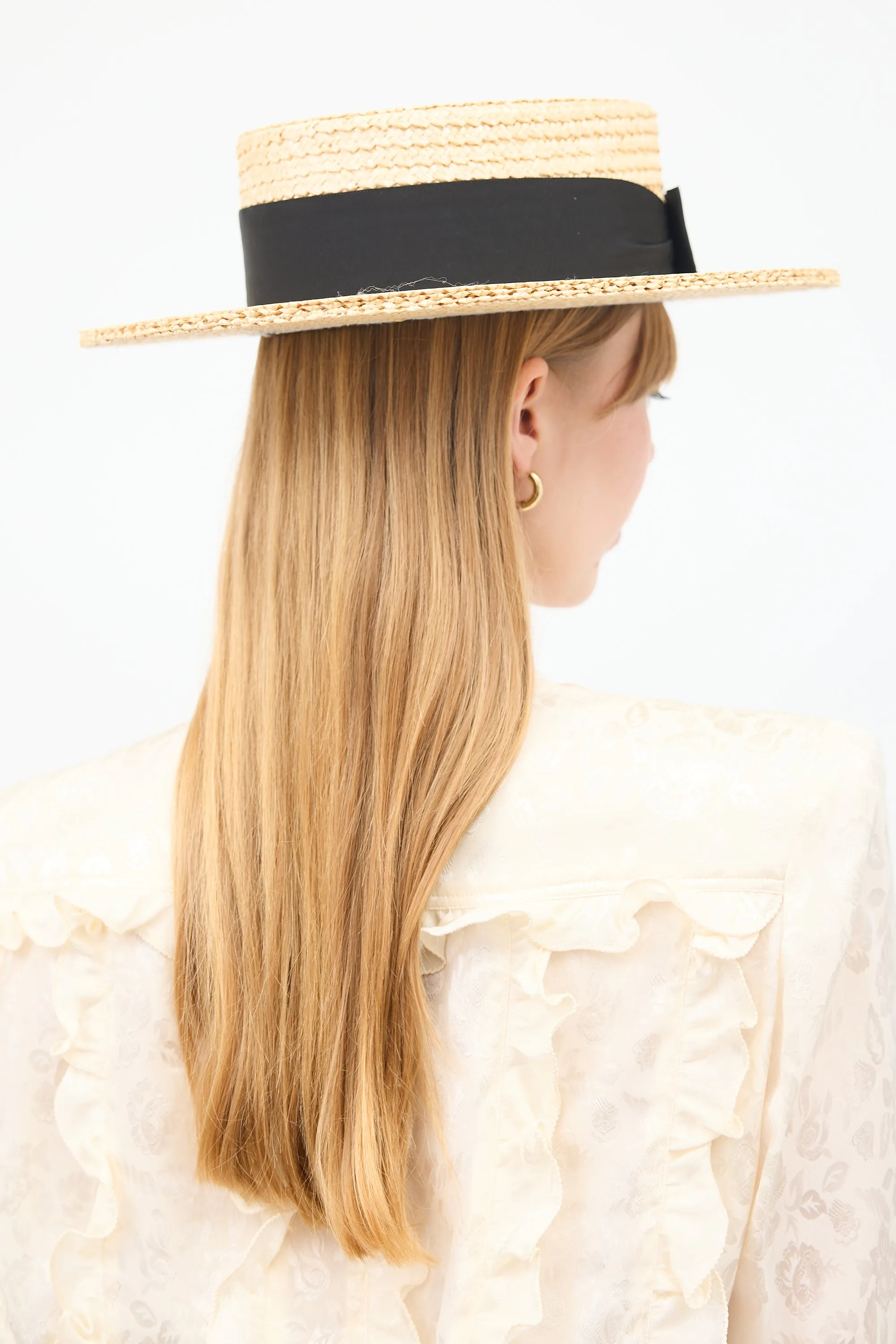 Vintage Beige & Black Bow Boater Hat