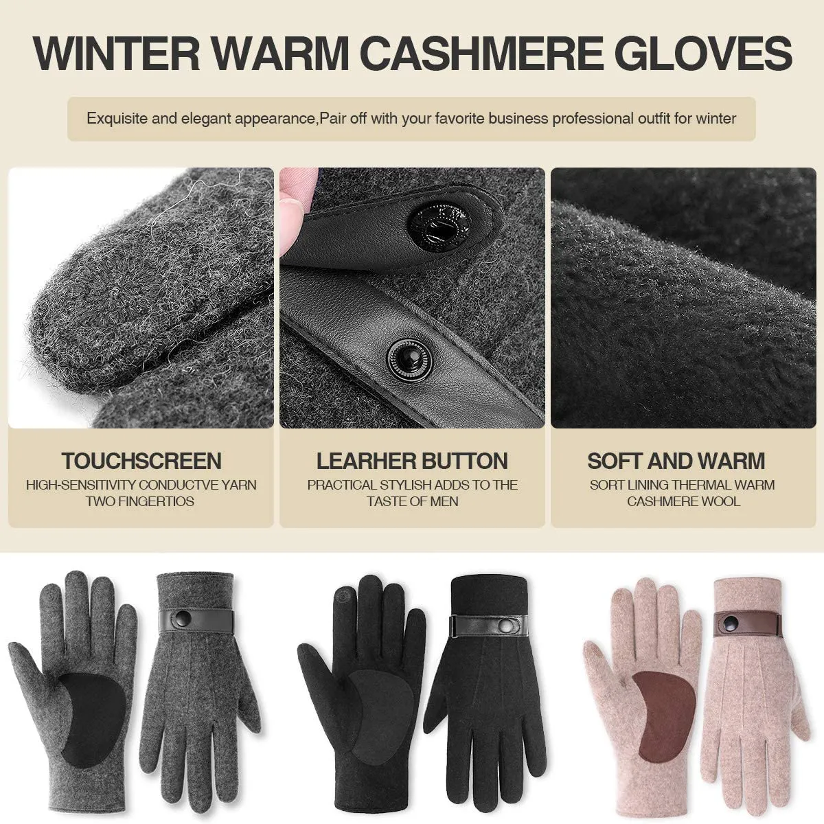 Winter Knit Gloves Warm Wool Windproof Touchscreen Anti-Slip Thermal Cashmere Fleece Lining Gloves