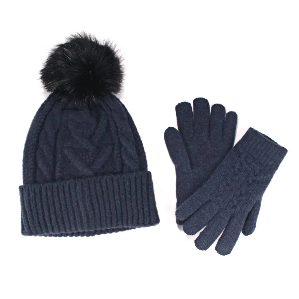 Women's Classic Winter Pom Pom Beanie Hat and Gloves Set