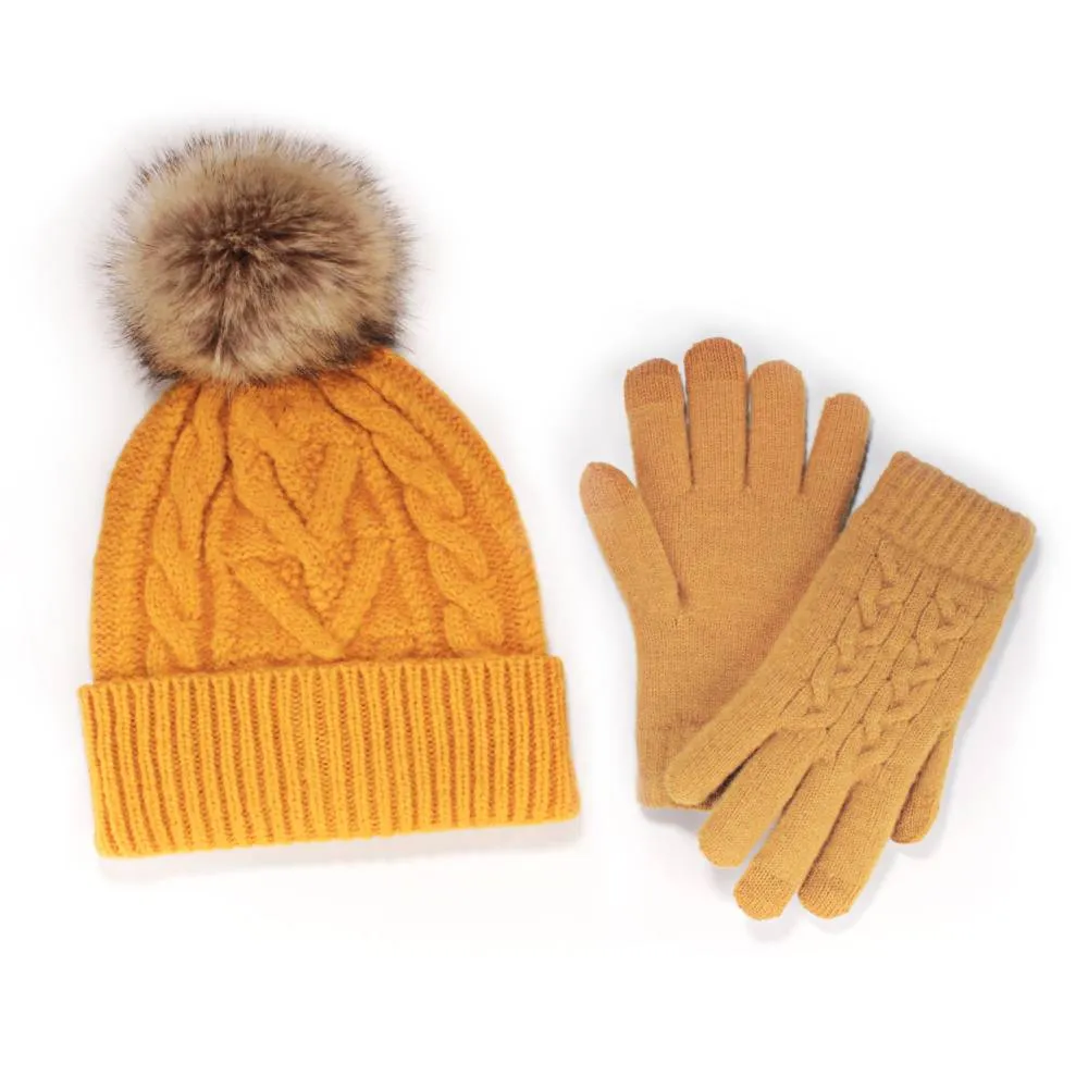 Women's Classic Winter Pom Pom Beanie Hat and Gloves Set